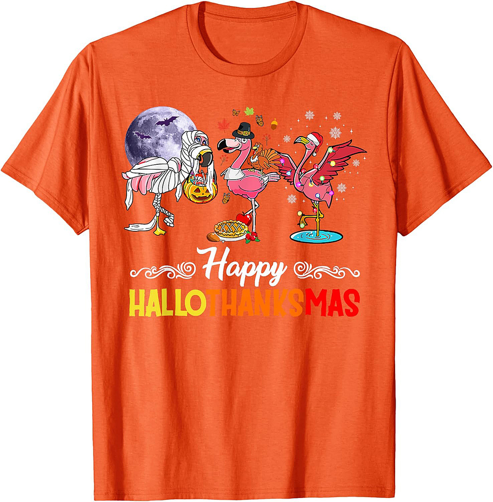 Flamingo Happy HalloThanksmas Funny Halloween Thanksgiving T-Shirt