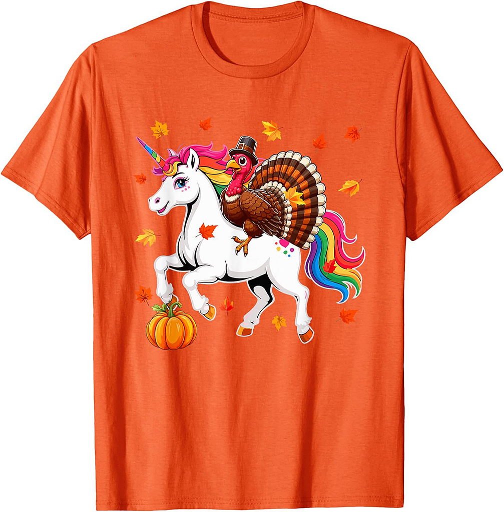 Turkey Riding Unicorn Thanksgiving Fall Leaves Pumpkin Lover T-Shirt