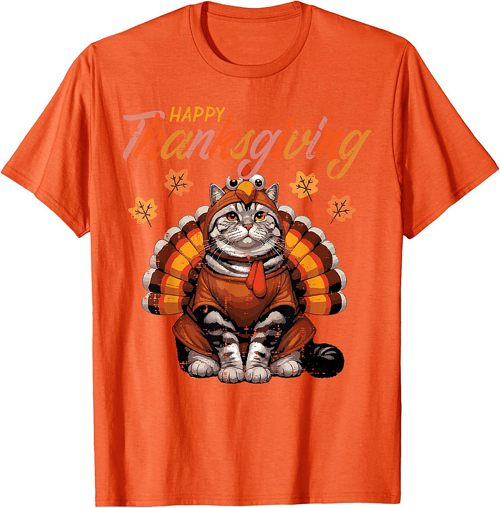 Happy Thanksgiving Cat Turkey Day Fall Women Girls Men T-Shirt