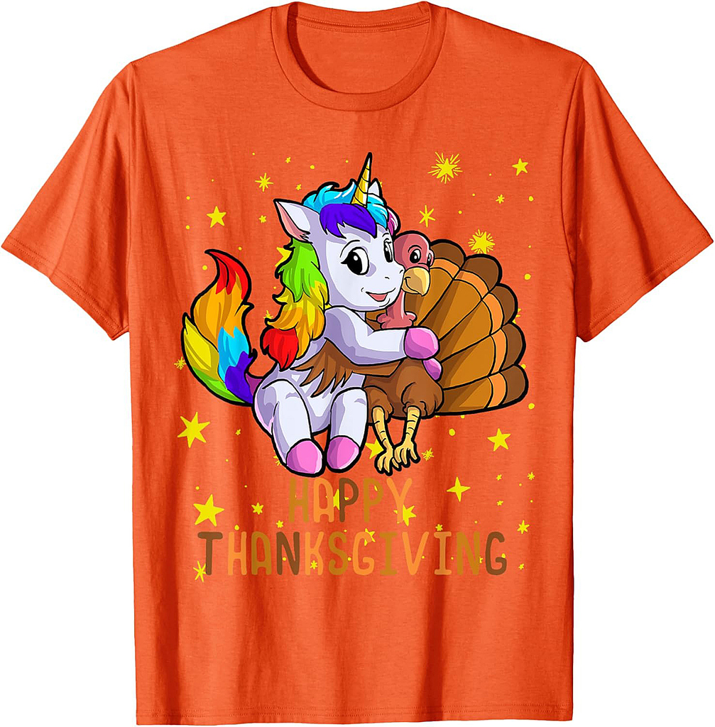 Cute Unicorn Hugs Turkey Happy Thanksgiving Girls T-Shirt