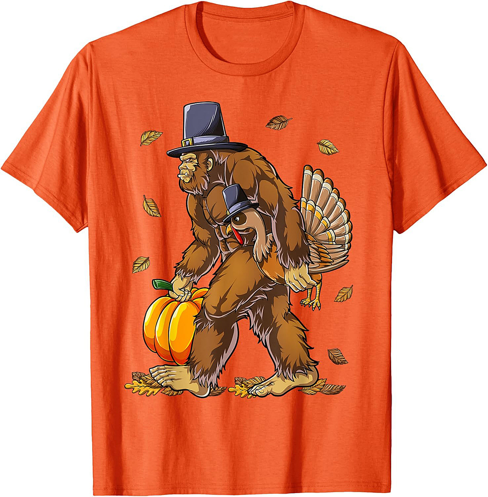 Bigfoot Pilgrim Turkey Pumpkin Thanksgiving Day Boys Men T-Shirt