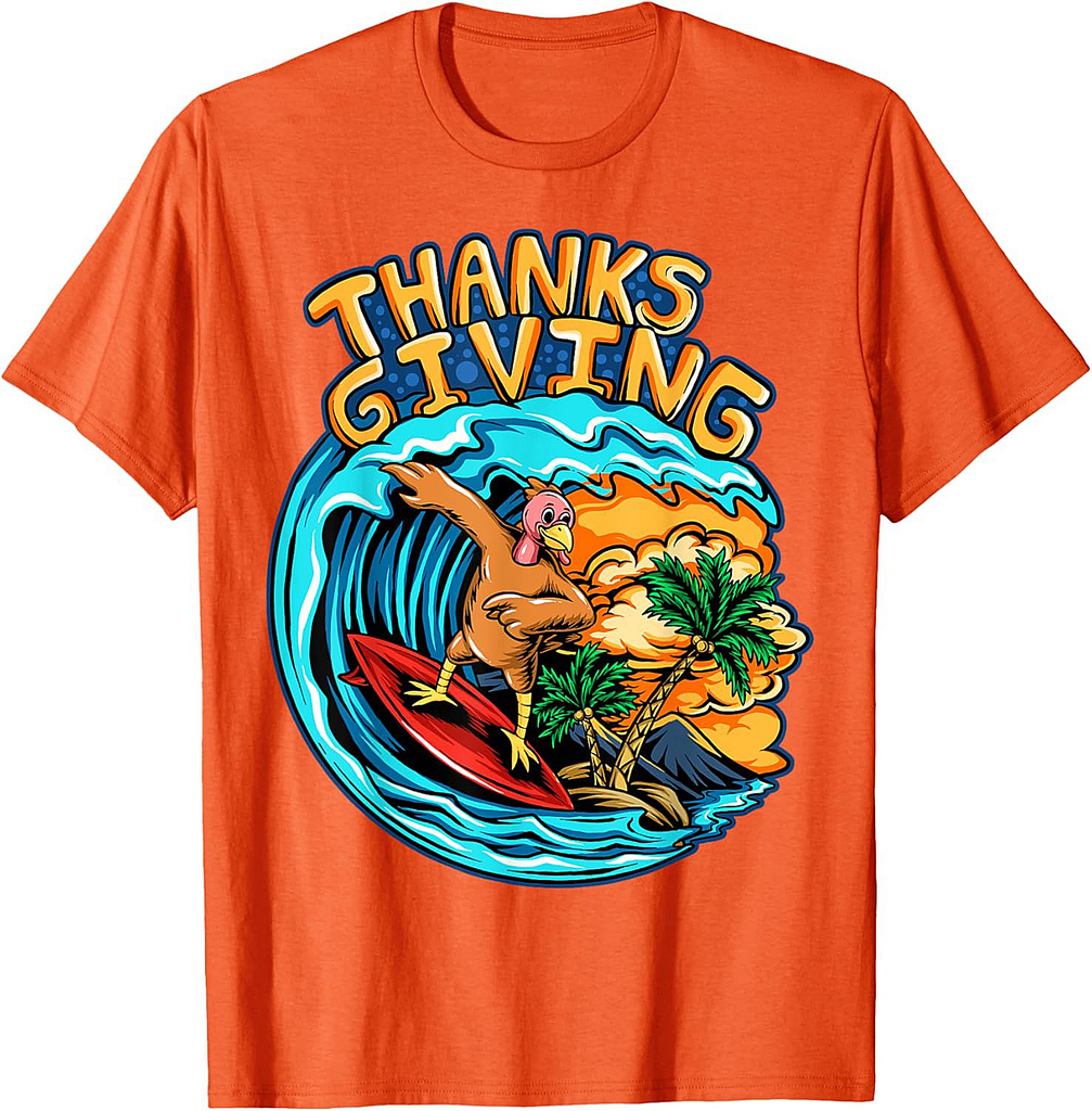 Thanksgiving Turkey Riding Surf Board Ocean Waves T-Shirt