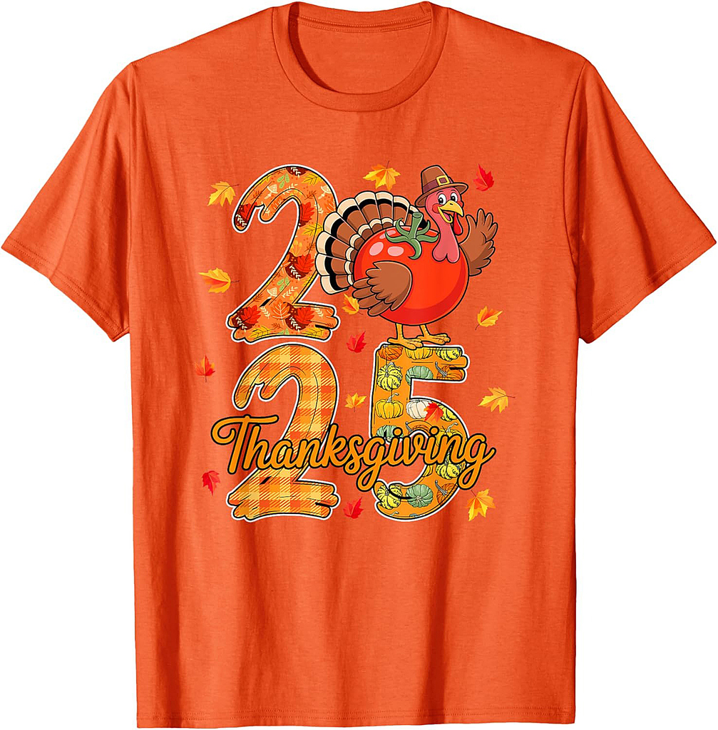 Thanksgiving 2025 Cute Turkey As Tomato Vegan Fall Leaves T-Shirt