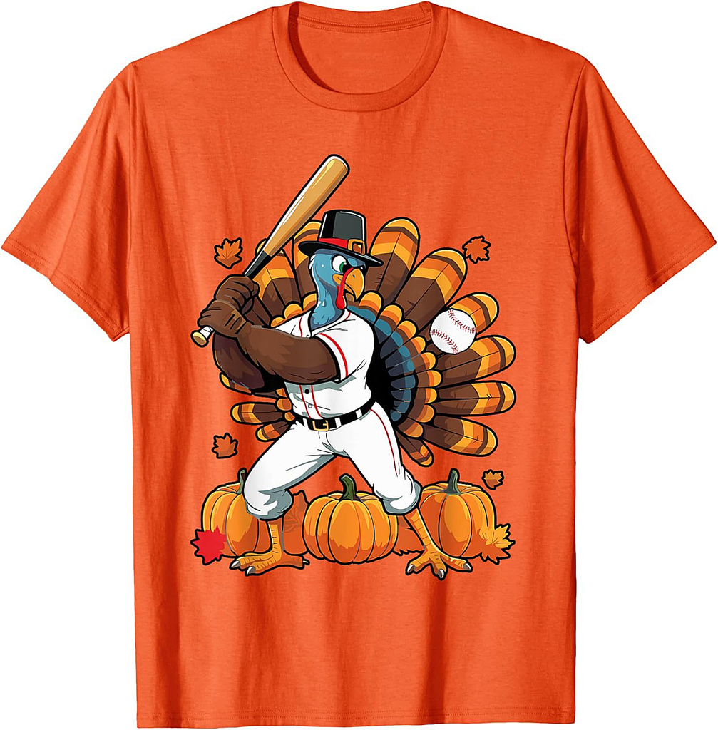 Turkey Playing Baseball Thanksgiving Baseball Player Boy Men T-Shirt