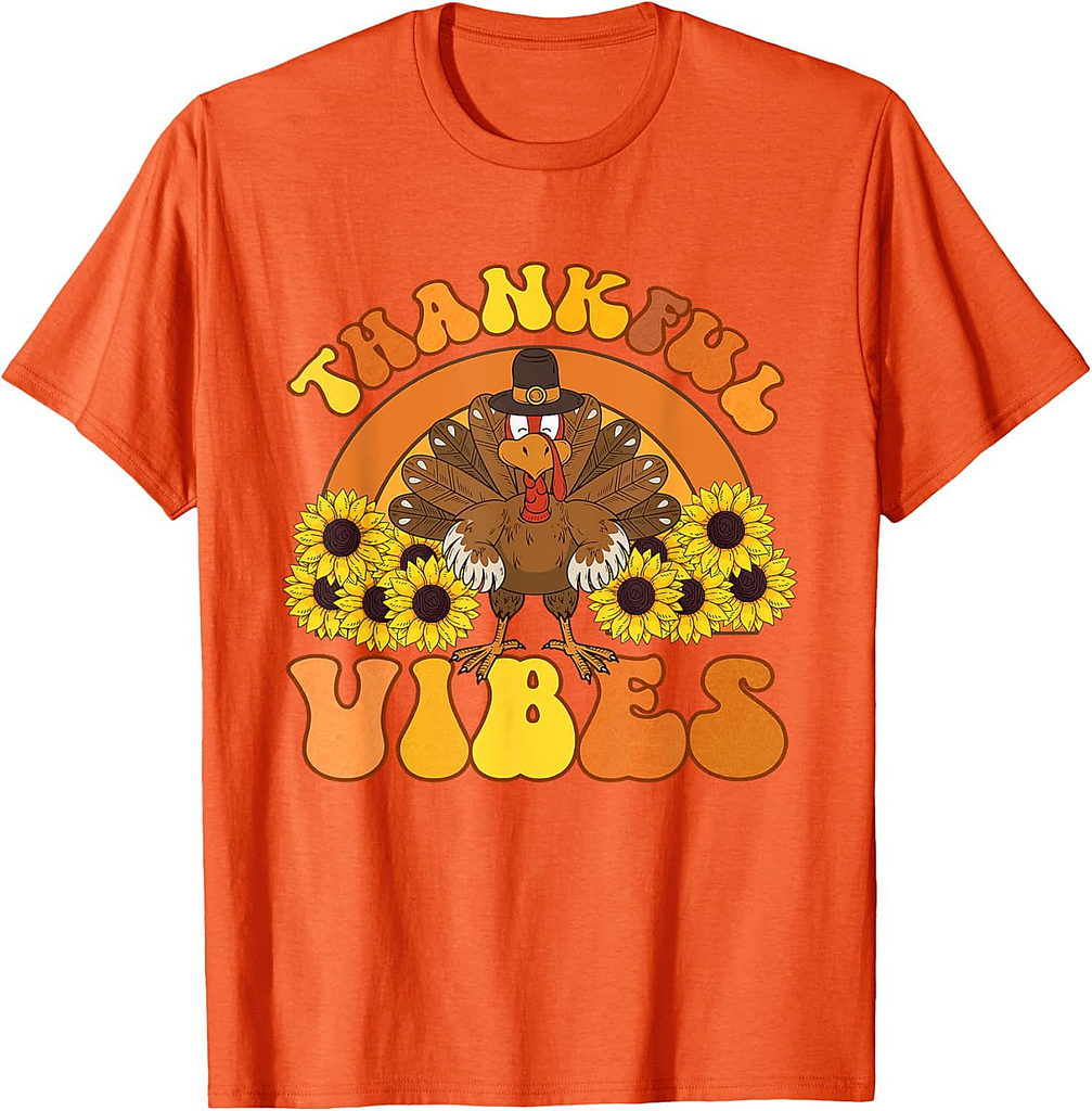 Thankful Vibes Thanksgiving Turkey Family Retro Groovy T-Shirt
