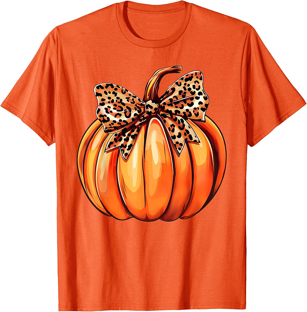 Coquette Bow Leopard Pumpkin Thanksgiving Rustic Fall Women T-Shirt