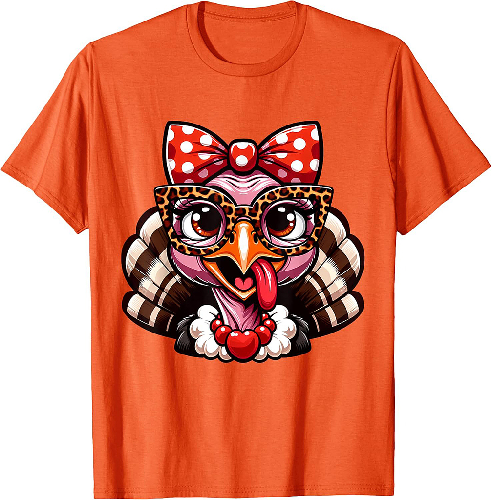 Thanksgiving Turkey Face Leopard Print Glasses Women T-Shirt