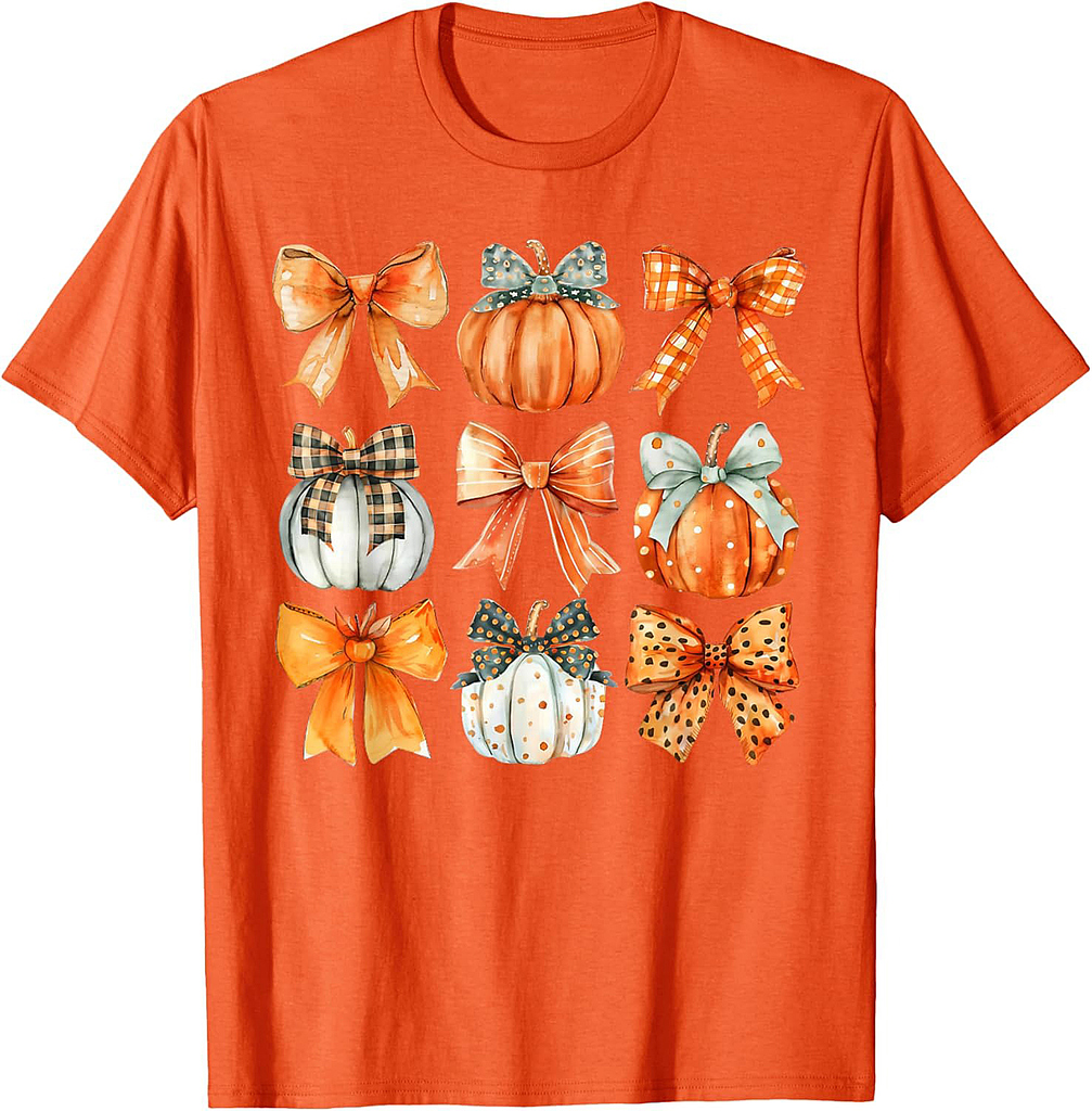Coquette Bow Pumpkin Season Thanksgiving Autumn Fall Leaves T-Shirt
