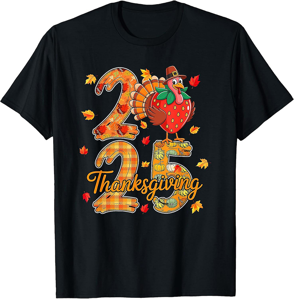 Thanksgiving 2025 Cute Turkey As Strawberry Vegan Autumn T-Shirt