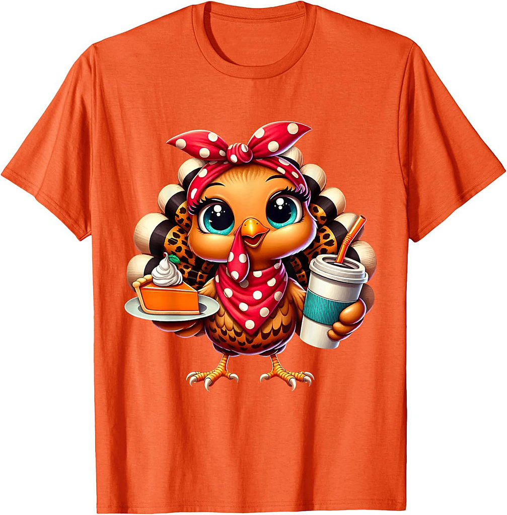 Turkey Drinking Ice Coffee Bow Thanksgiving Women Turkey Day T-Shirt