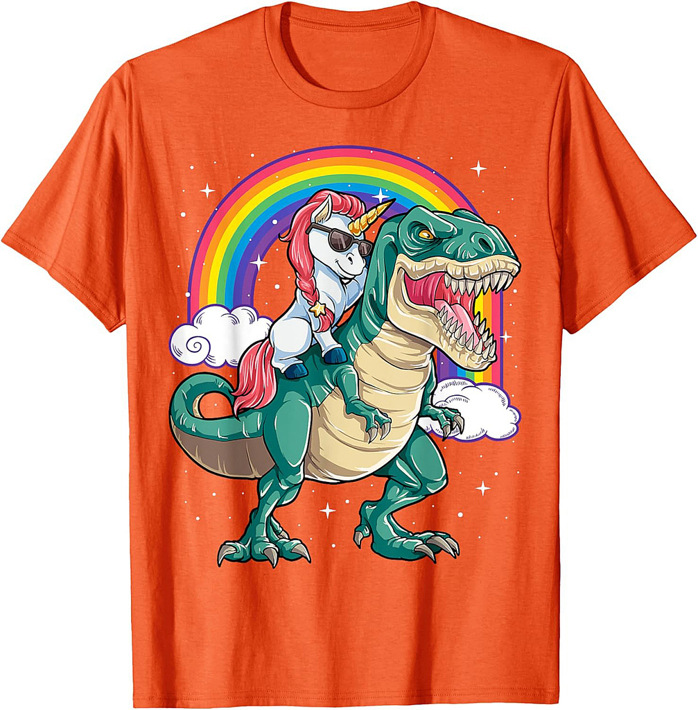 Unicorn Riding T rex Dinosaur Boys Girls Men Women Rainbow Thanksgiving T-Shirt