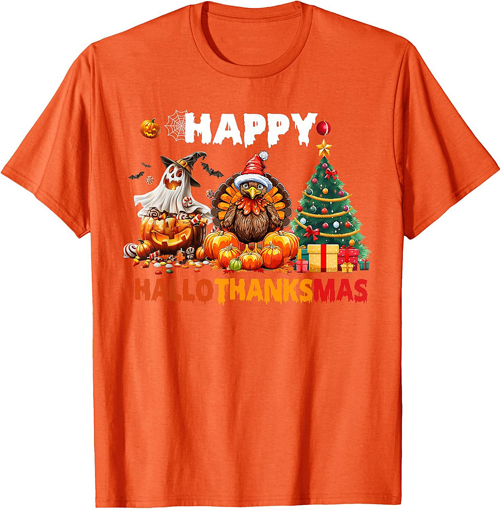 Retro Halloween Thanksgiving Christmas Happy HalloThanksMas T-Shirt