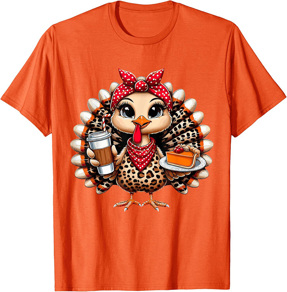 Turkey Drinking Ice Coffee Bow Thanksgiving Women Turkey Day T-Shirt