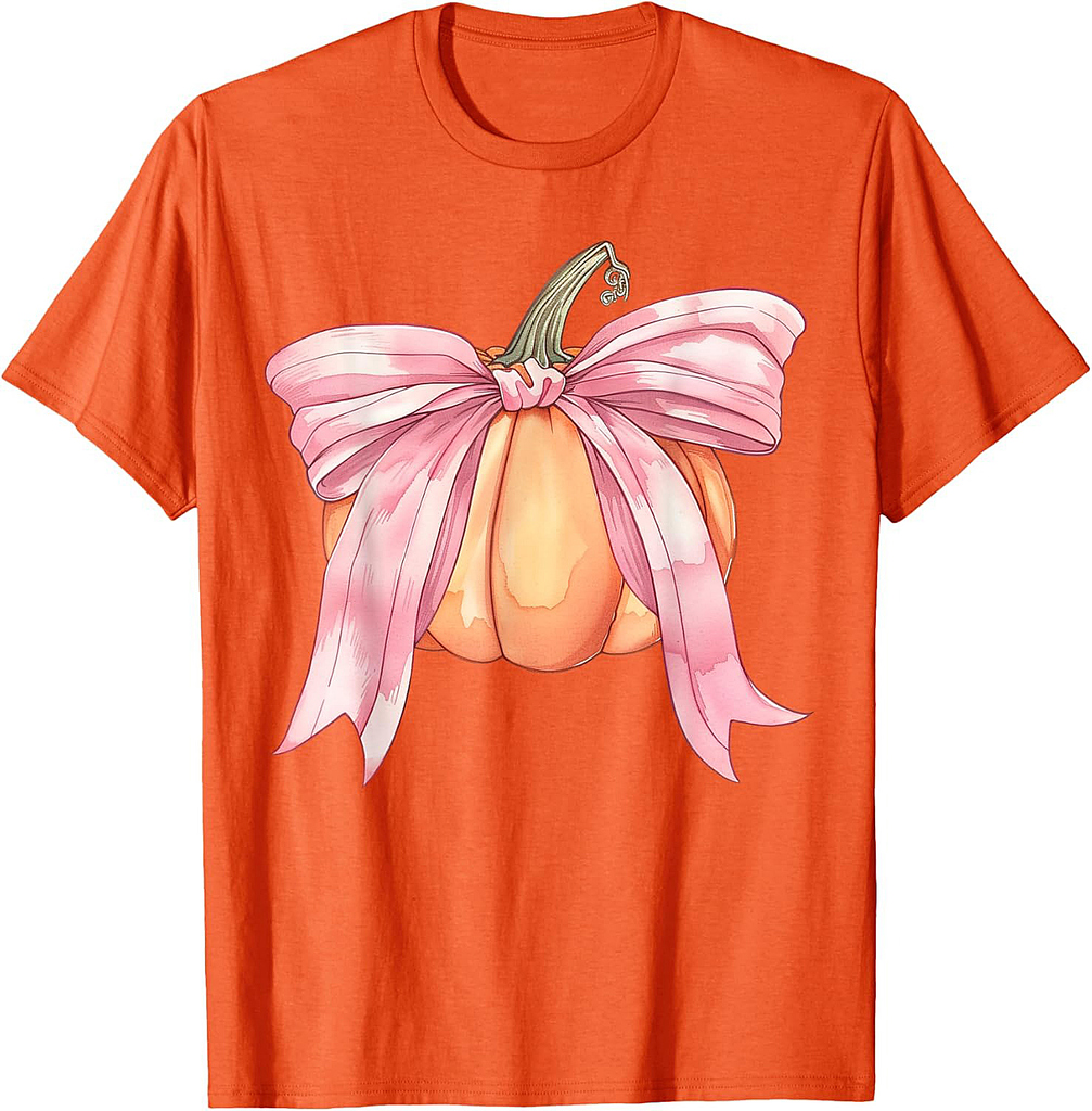 Coquette Autumn Pumpkin Pink Bow Girly Halloween Fall Women T-Shirt