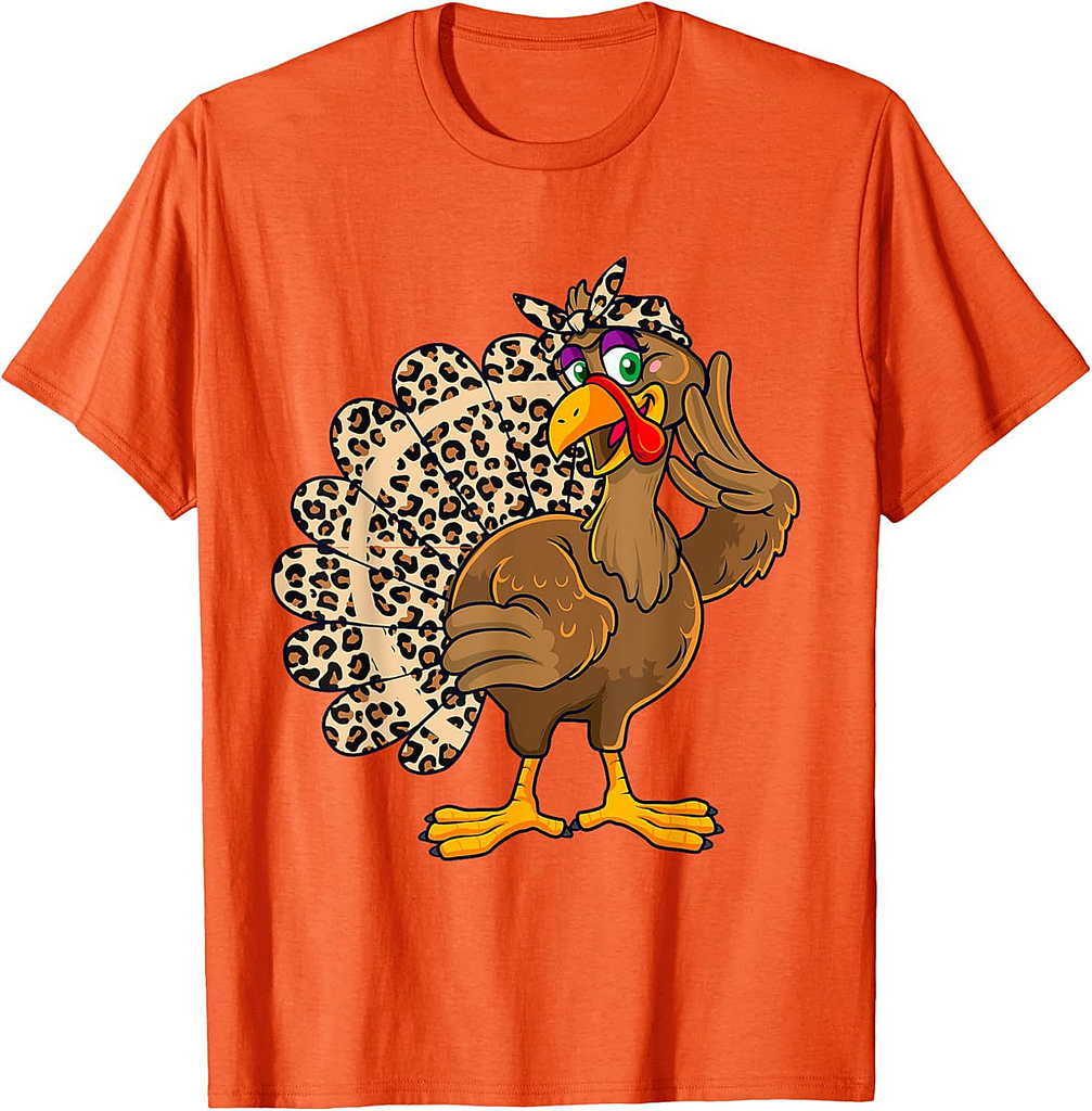 Thanksgiving Turkey Women Girl Leopard Print Autumn Fall T-Shirt