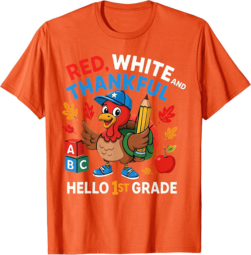 Red White Thankful Hello 1st Grade Fall Turkey School T-Shirt