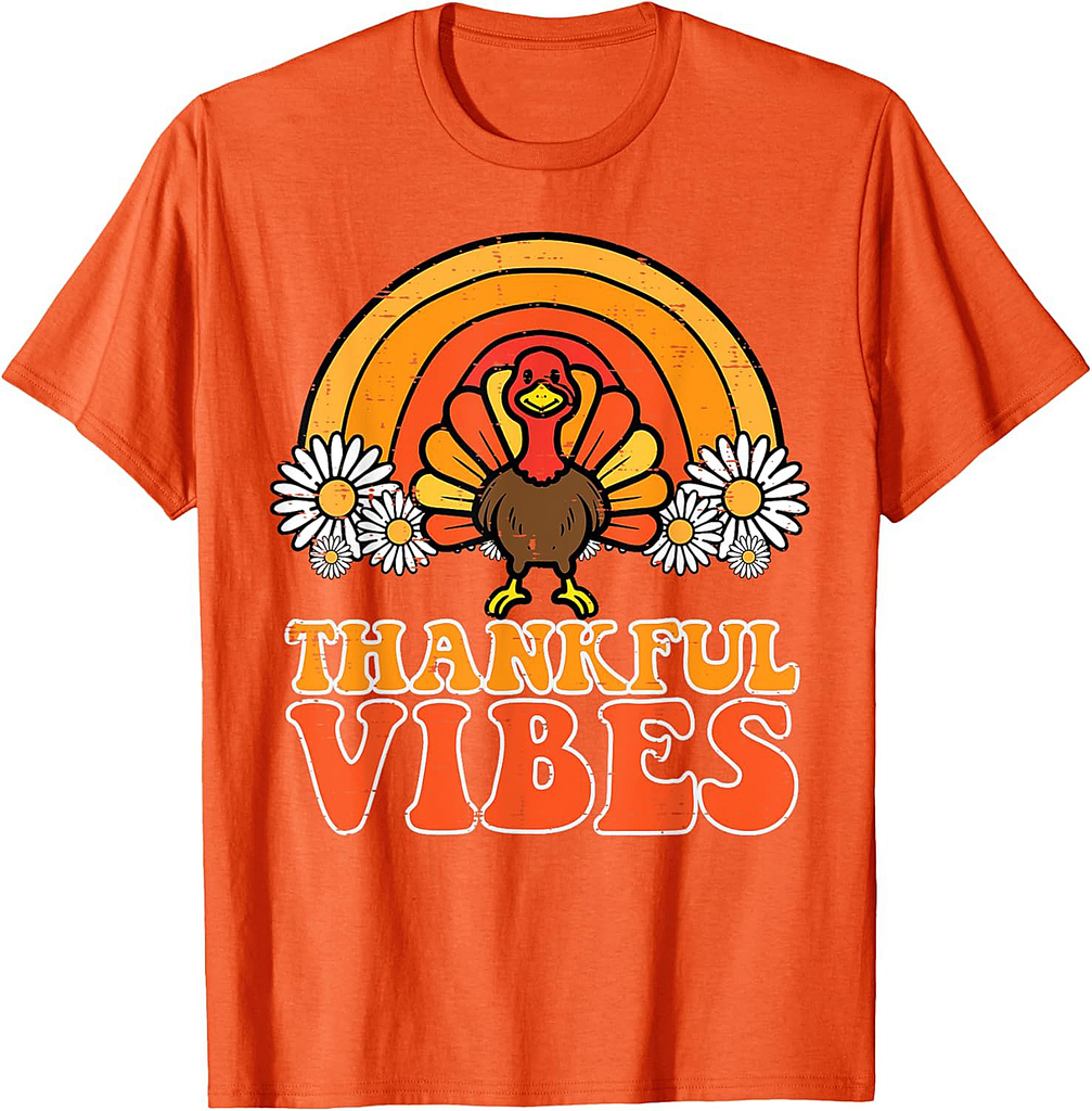 Thankful Vibes Turkey Rainbow Funny Retro Thanksgiving Women 001 T-Shirt