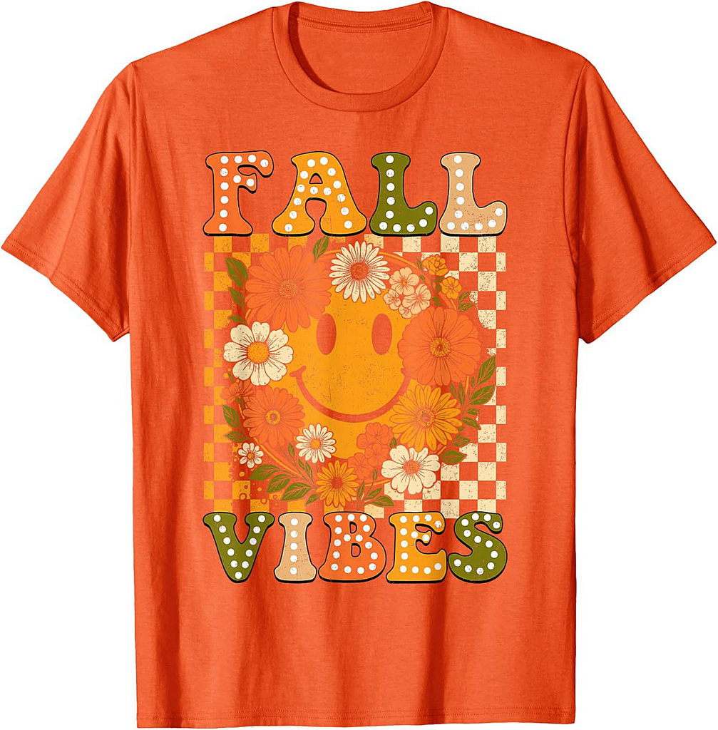 Floral Fall Checkered Smile Face Halloween Thanksgiving 2025 T-Shirt