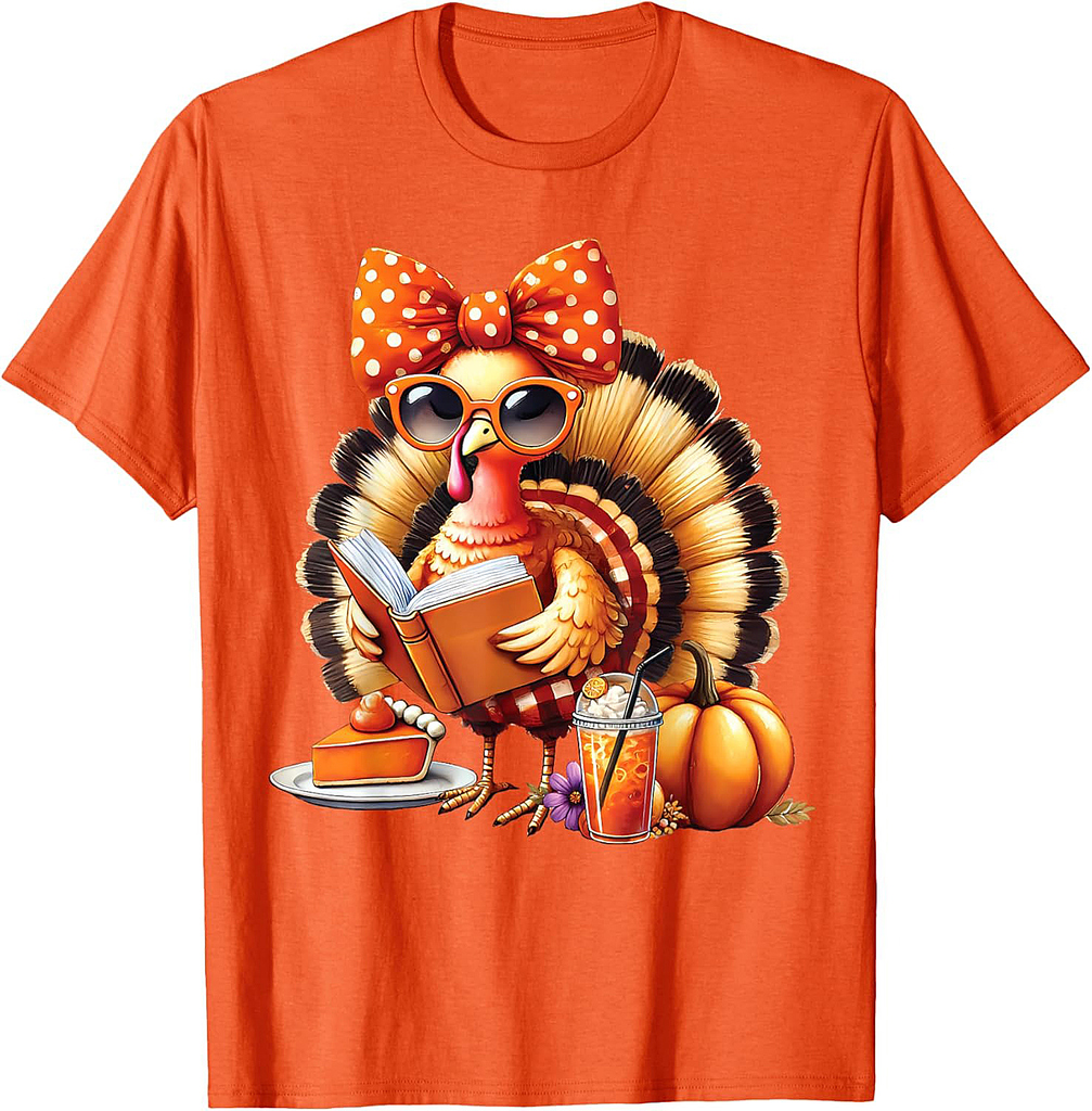 Cute Turkey Reading Book Lovers Thanksgiving Bow Womens T-Shirt