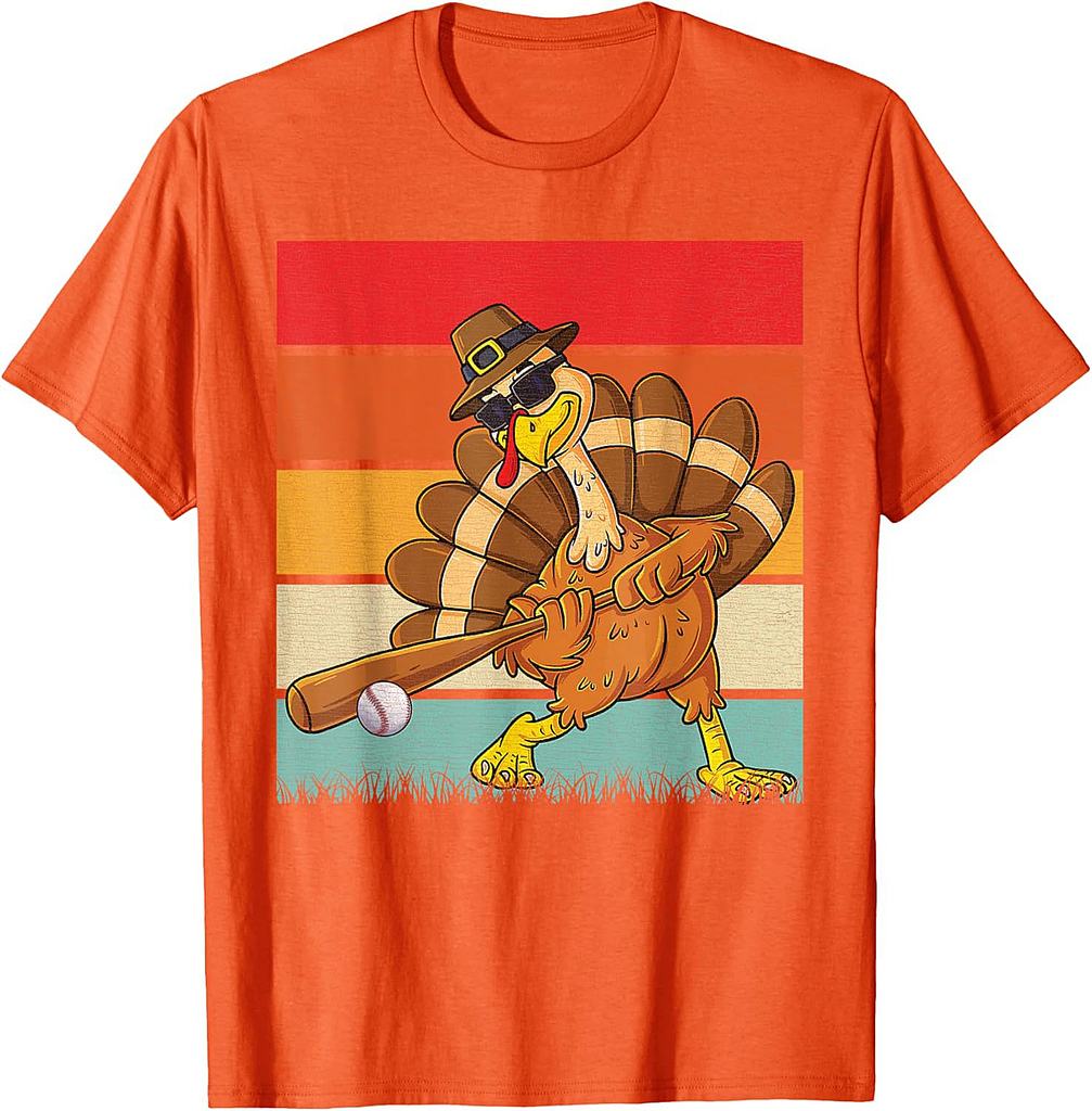 Retro Turkey & Baseball Ball Autumn Fall Vibes Thanksgiving T-Shirt