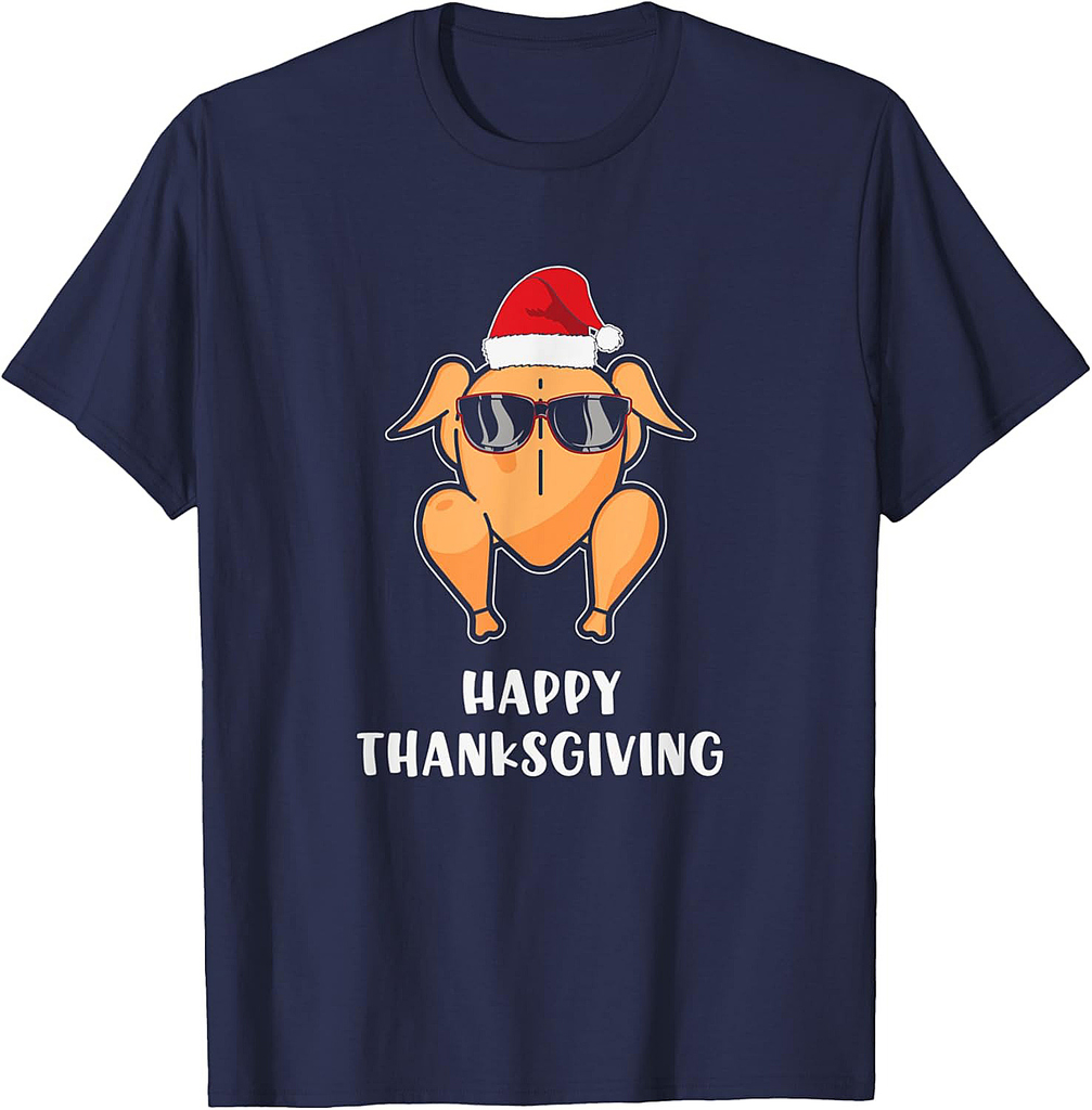 Happy Thanksgiving Sunglasses Santa Hat Turkey T-Shirt