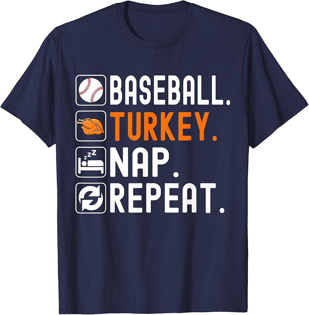 Baseball Turkey Nap Repeat Funny Baseball Thanksgiving T-Shirt