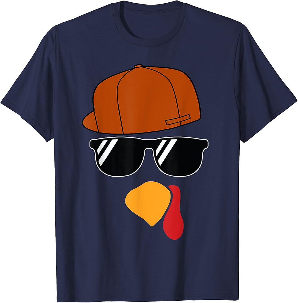 Boys Turkey Face Thanksgiving Trucker Hat Glasses Mens T-Shirt