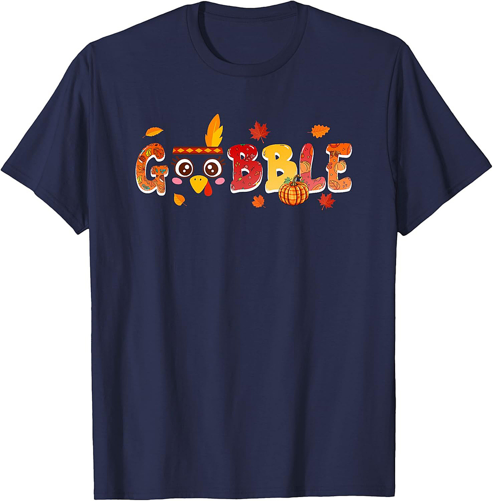 Gobble Thanksgiving Cute Turkey Face Fall Leaves Pumpkins T-Shirt