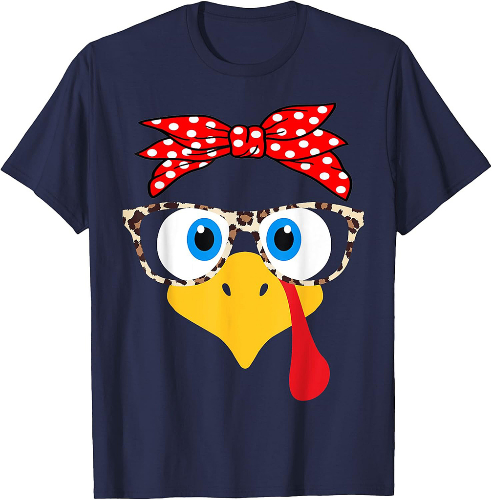 Turkey Face Leopard Print Glasses Thanksgiving Women Girl T-Shirt