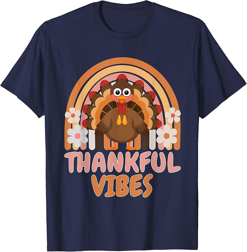 Thankful Vibes Turkey Rainbow Funny Retro Thanksgiving Women 001 T-Shirt