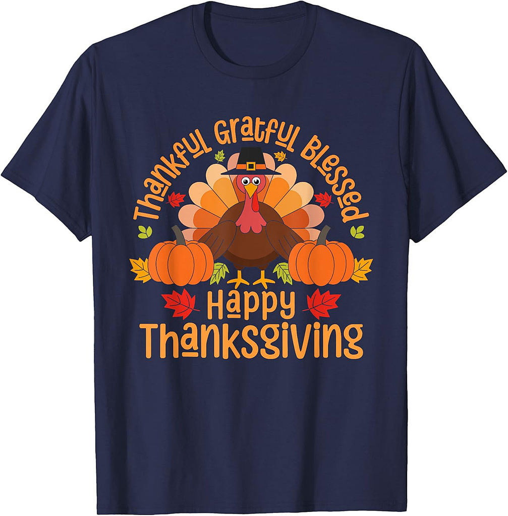 Thankful Grateful Blessed Happy Thanksgiving Turkey T-Shirt