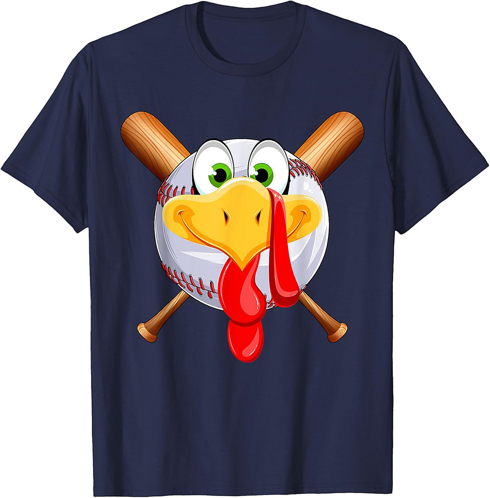 Funny Turkey Face & Baseball Ball Fall Vibes Thanksgiving T-Shirt