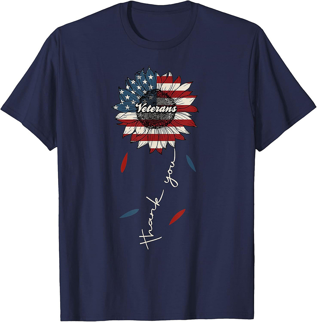 Thank You Veterans Sunflower US America Flag Patriotic Women T-Shirt
