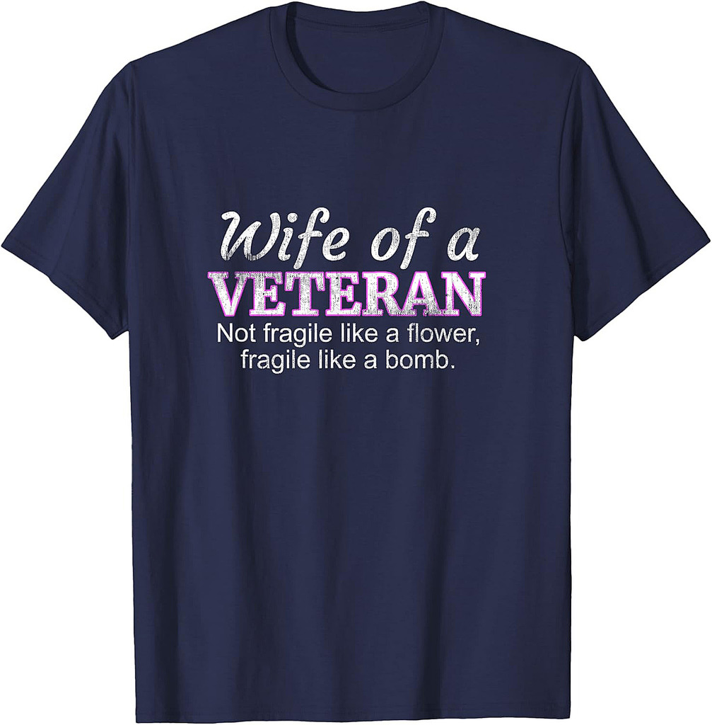 Wife Of A Veteran Military Support Husband T-Shirt Flower T-Shirt