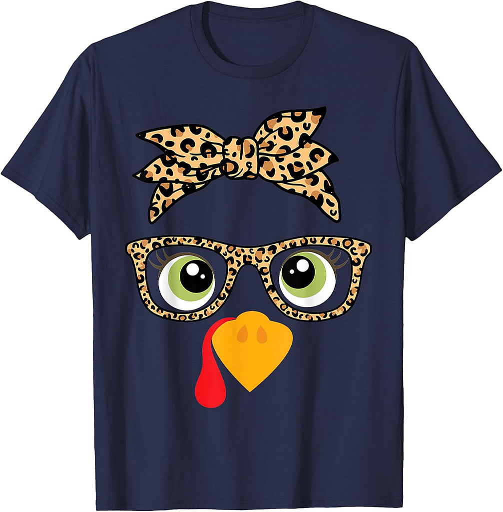 Thanksgiving Turkey Face Leopard Print Glasses Women Girls T-Shirt