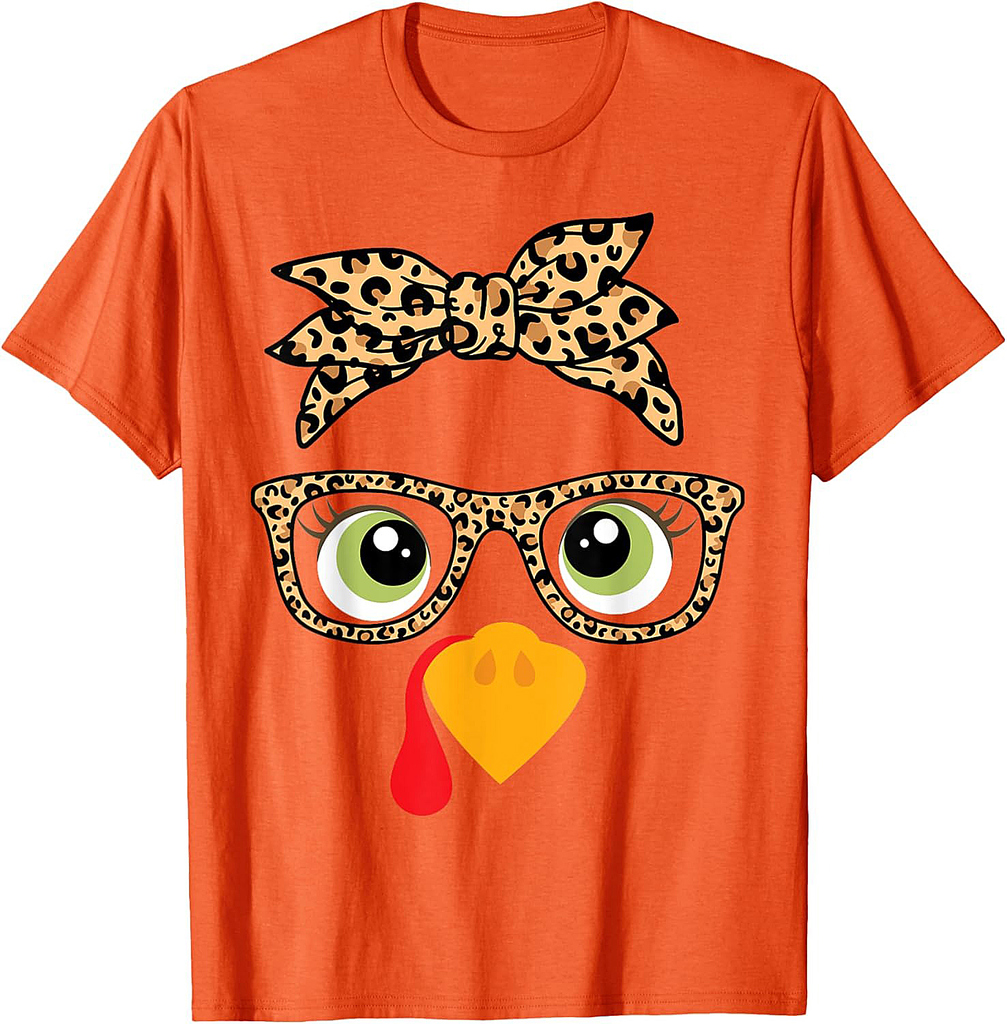 Thanksgiving Turkey Face Leopard Print Glasses Women Girls T-Shirt