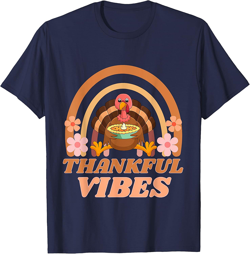 Thankful Vibes Turkey Rainbow Funny Retro Thanksgiving Women 002 T-Shirt