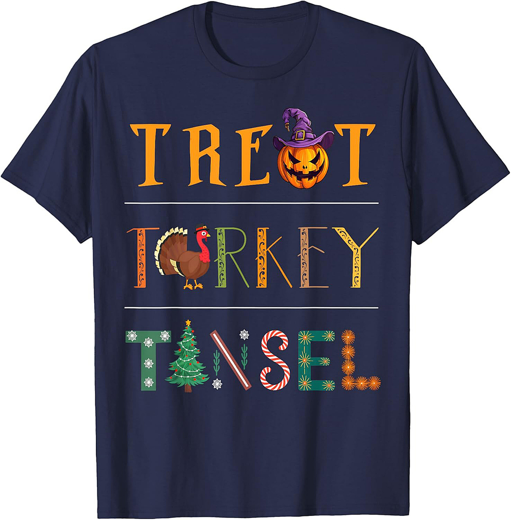 Treat Turkey Tinsel Halloween Thanksgiving Christmas Mashup T-Shirt
