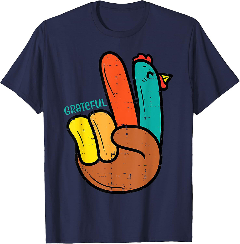 Peace Hand Turkey Grateful Thanksgiving Hippi Men Women T-Shirt