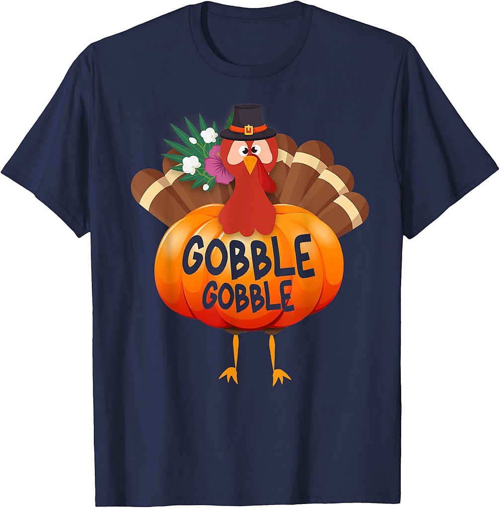 Gobble Gobble Cute Thanksgiving Turkey In Hawaiian Pumpkin T-Shirt