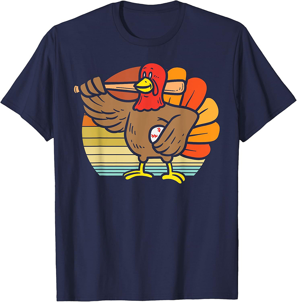 Turkey Baseball Retro Thanksgiving Sports Men Boys T-Shirt