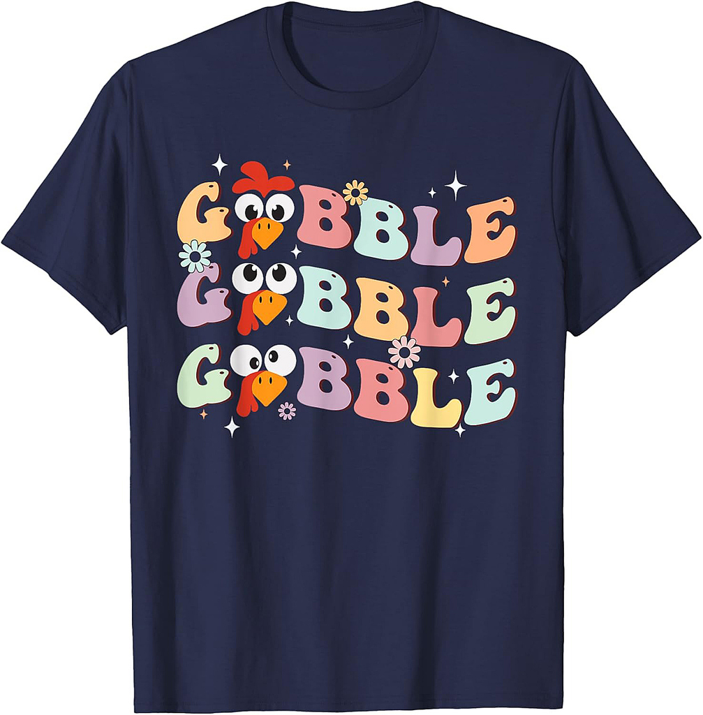 Men Groovy Retro Gobble Gobble Happy Thanksgiving Turkey Day T-Shirt
