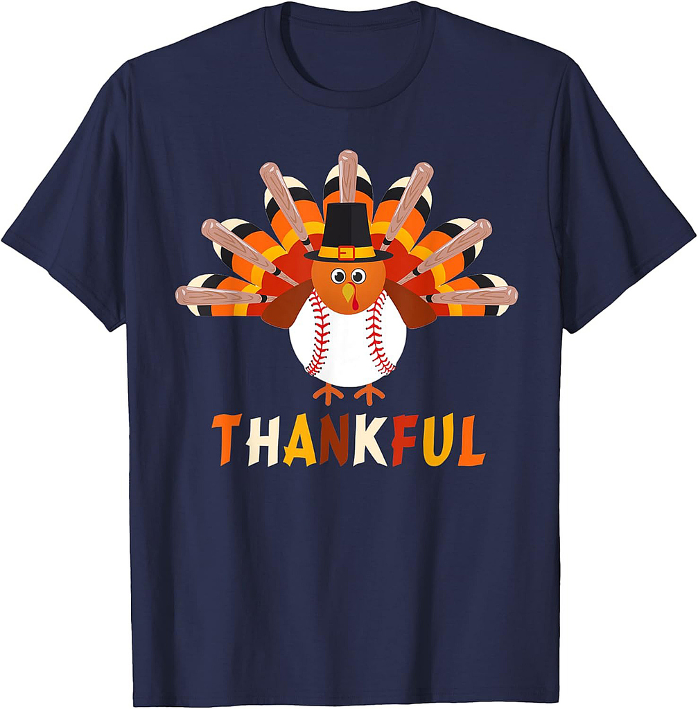Turkey With Baseball Thankful Thanksgiving Christmas Gift T-Shirt