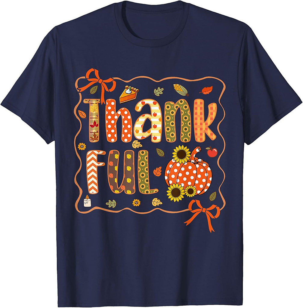 Thankful Thanksgiving Pumpkin Colorful Autumn Leaves Floral T-Shirt