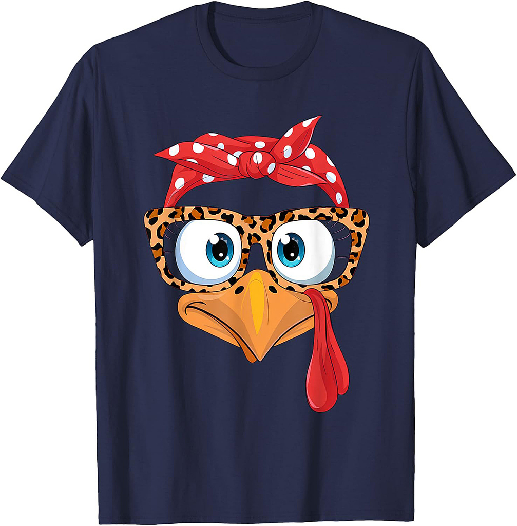 Thanksgiving Turkey Face Leopard Print Glasses Womens Girls T-Shirt