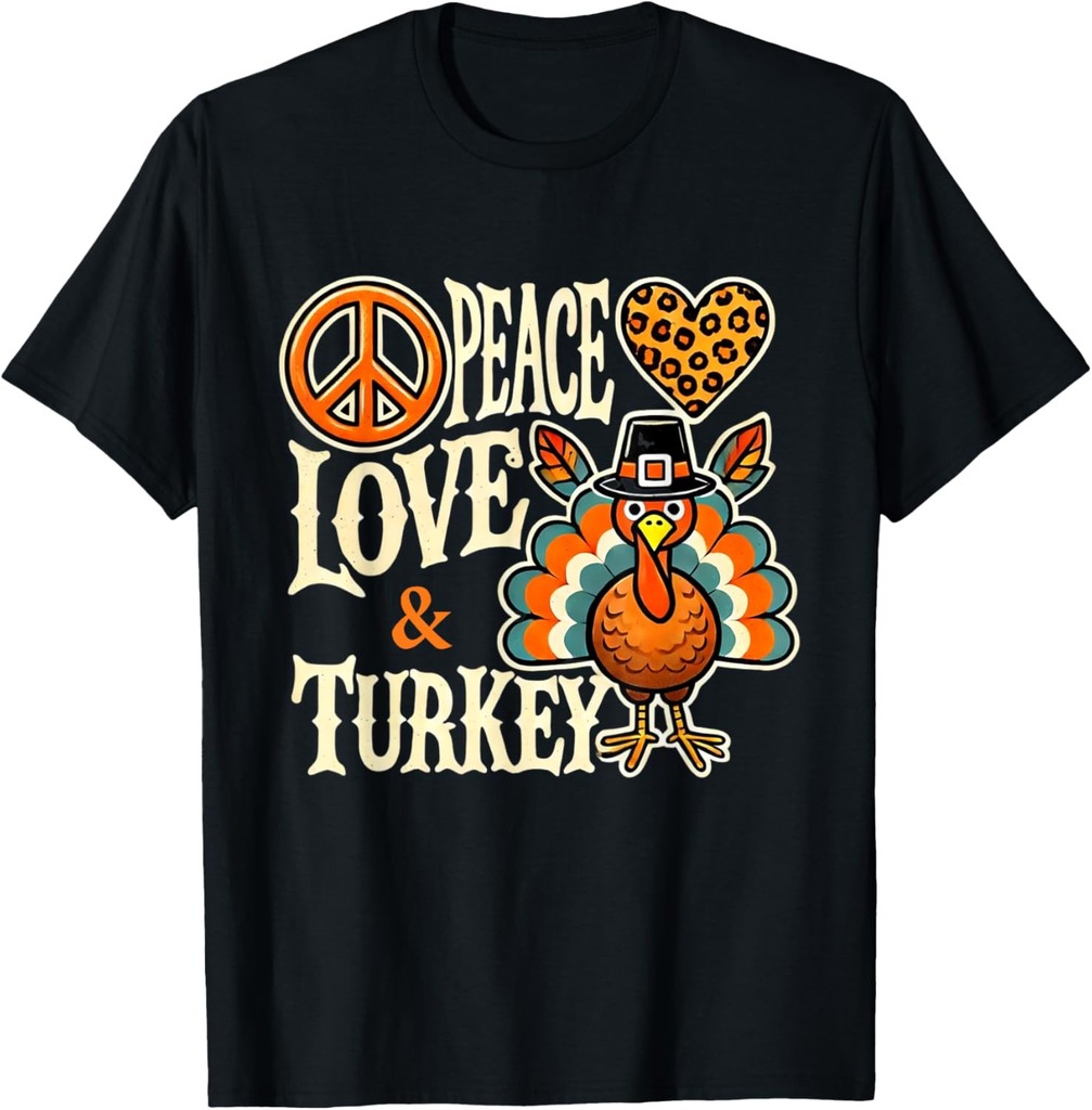 Peace Love Turkey Pilgrim Leopard Print Thanksgiving T-Shirt