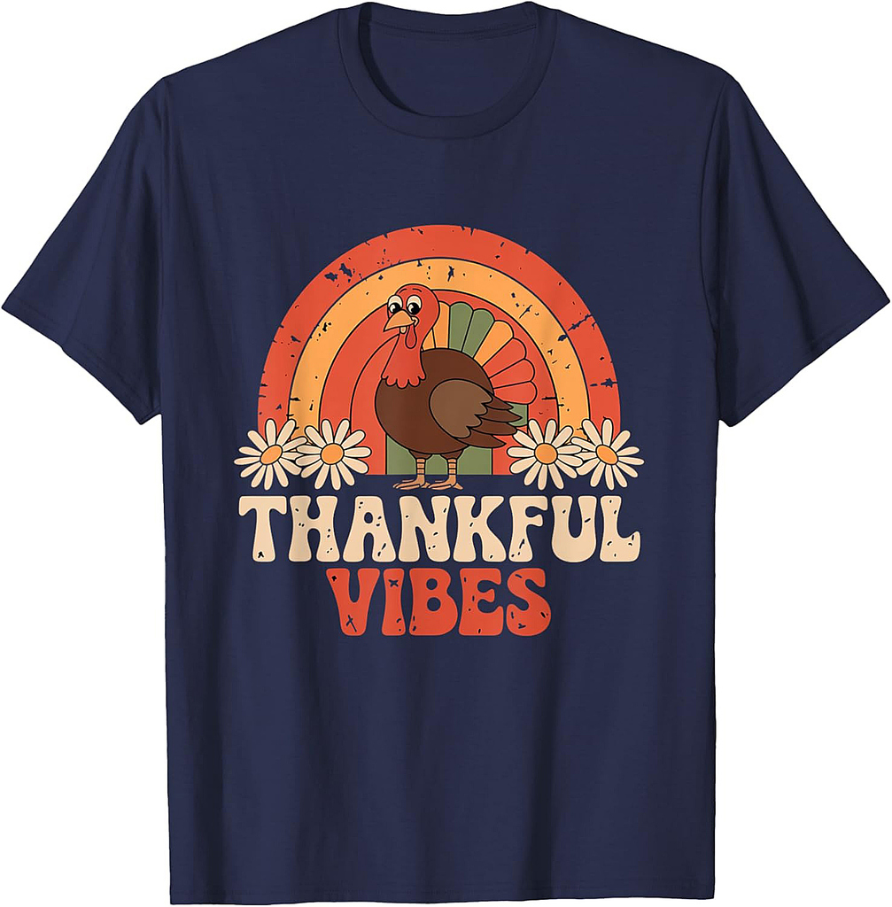 Retro Vintage Thankful Vibes Turkey Rainbow Thanksgiving 003 T-Shirt