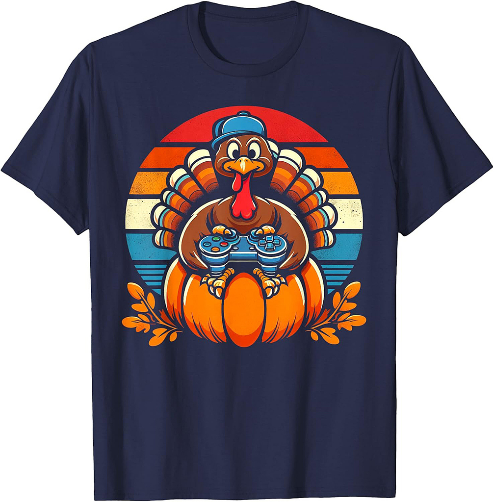 Gamer Turkey Pumpkin Retro Boys Thanksgiving Video Games Men T-Shirt