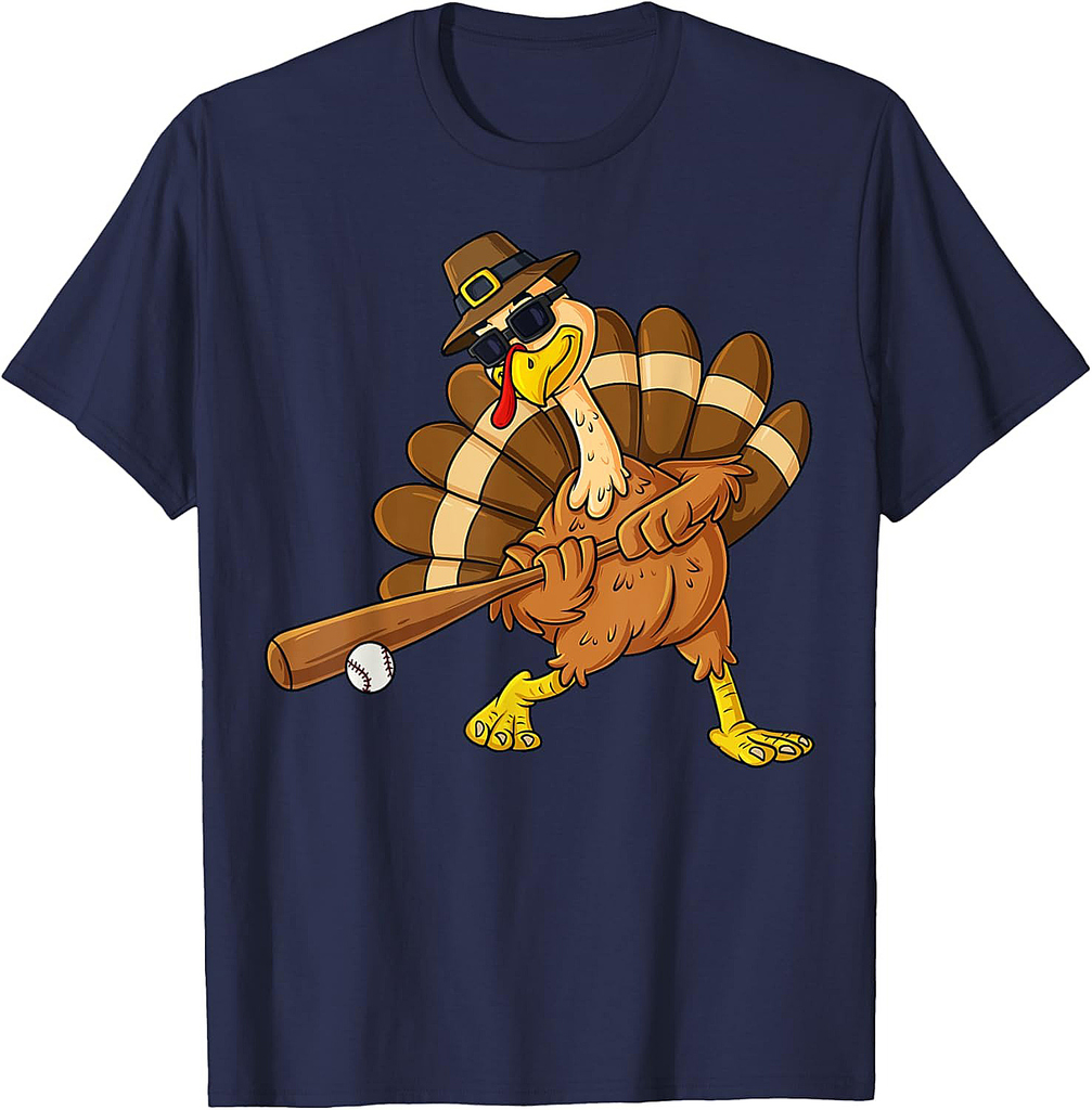 Thanksgiving Turkey Swinging Baseball Bat Boys Teens T-Shirt