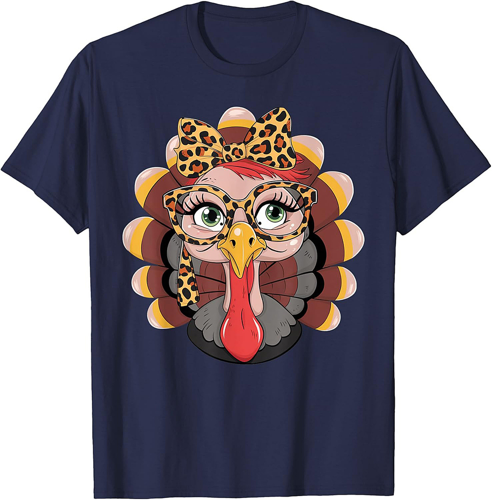 Thanksgiving Turkey Face Leopard Print Glasses Women Girls T-Shirt